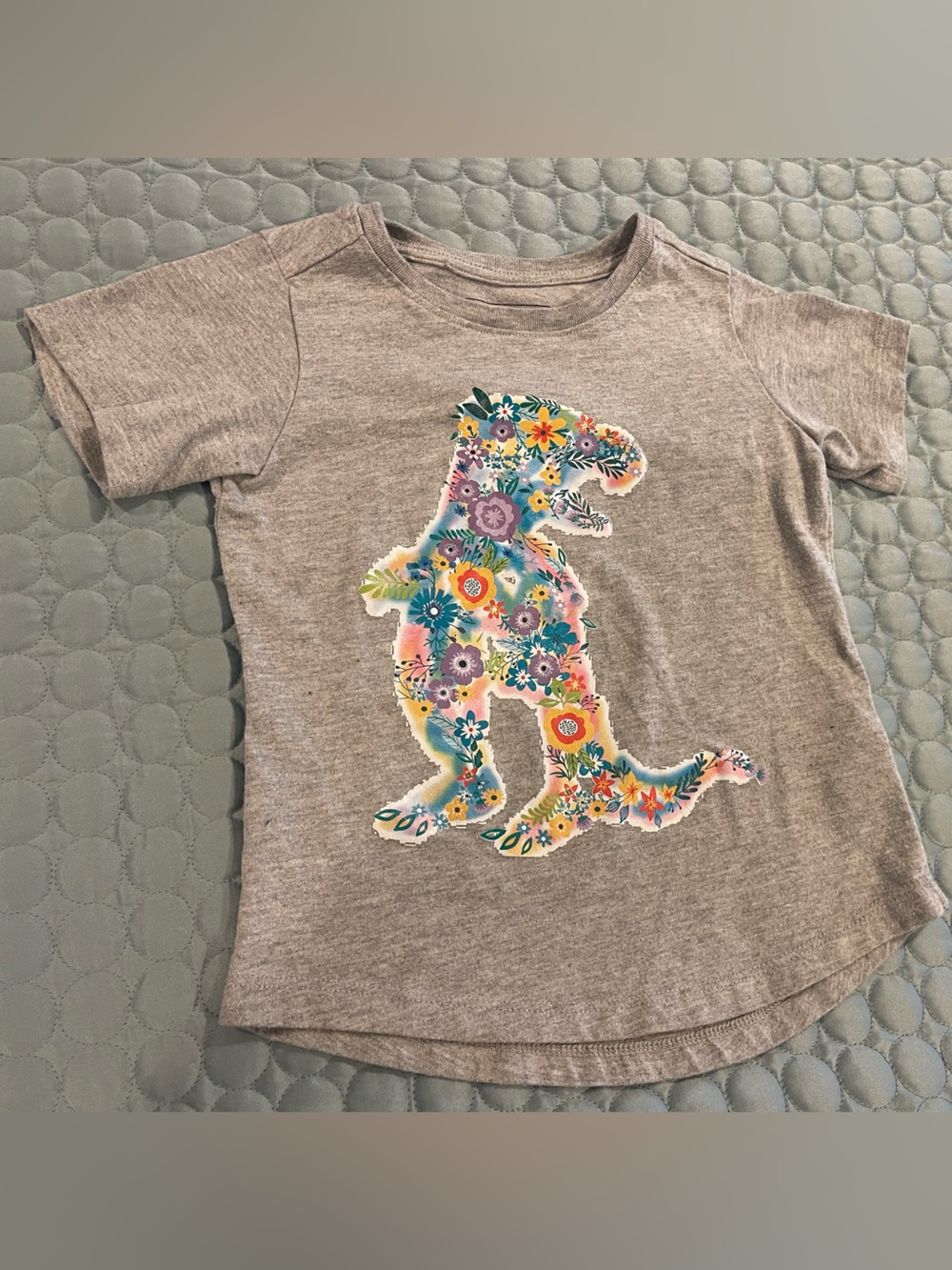 Andy & Evan Gray T-Shirt Colorful Floral Dinosaur Trendy Sz 5 Cotton Poly Blend